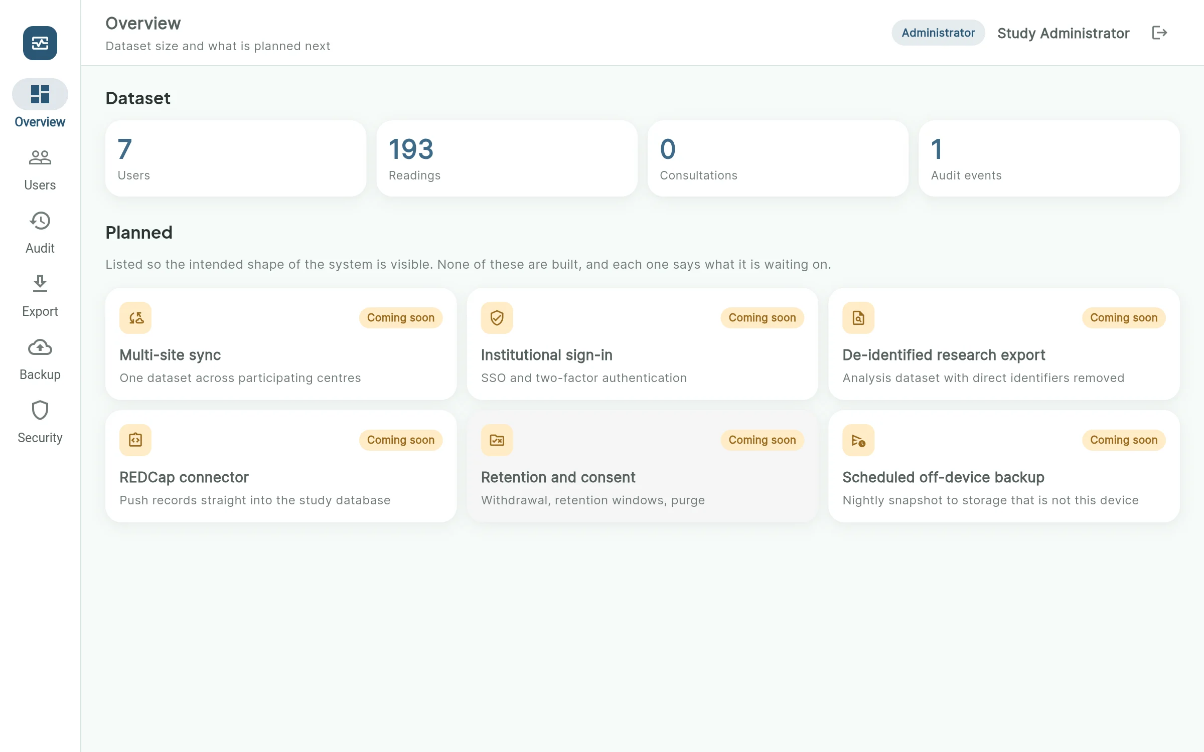 Administrator export page with time window, four export rows and a preview